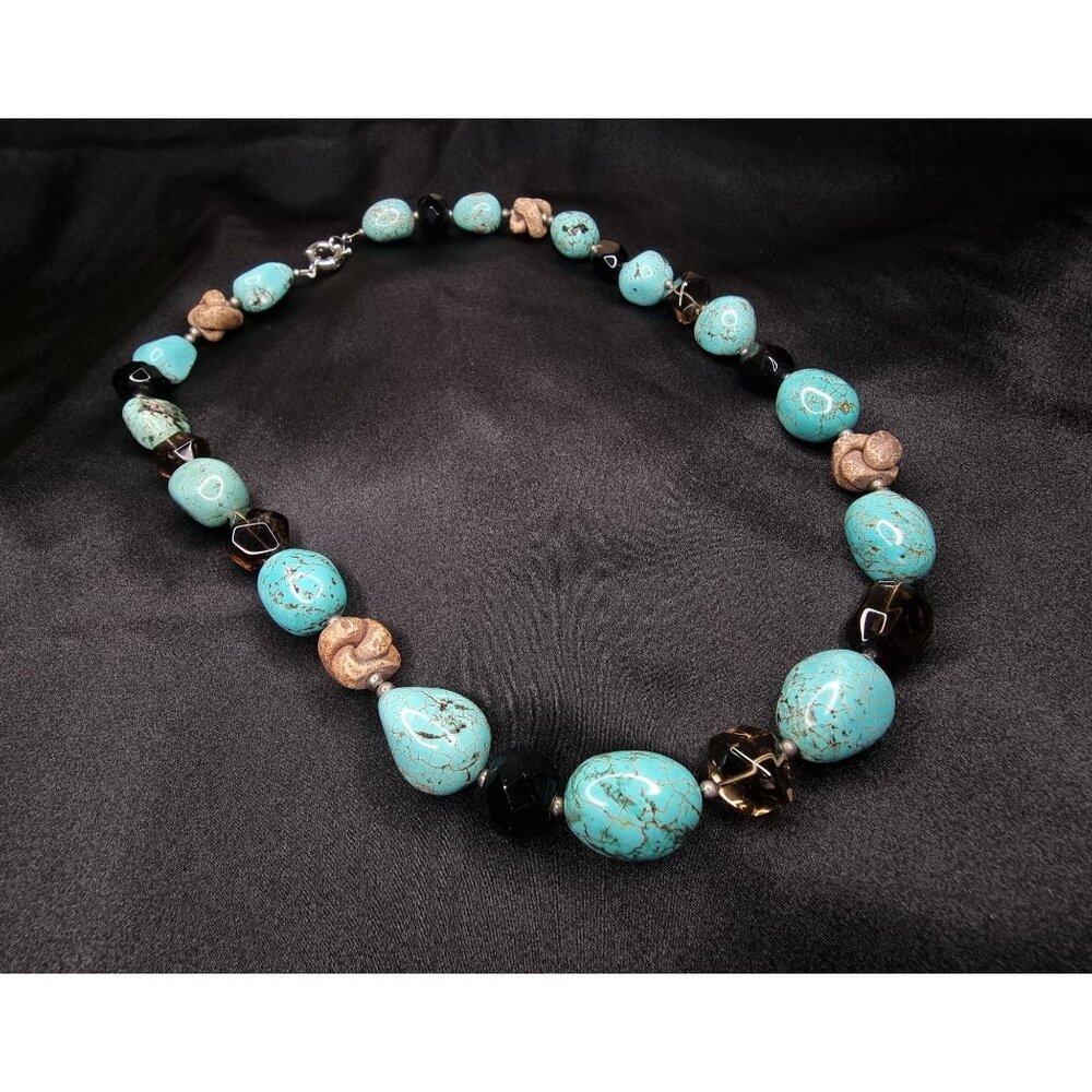 Handcrafted Turquoise Beaded Necklace With Brown Accents & Sterling Silver Clasp